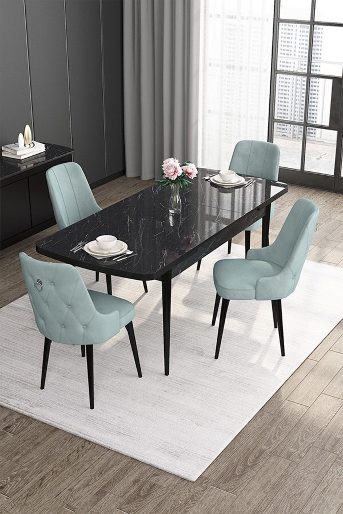 Noa Serisi 80x132 Mdf Açılabilir Gümüş Halka Siyah Mermer Desen Masa Takımı Ve 4 Sandalye