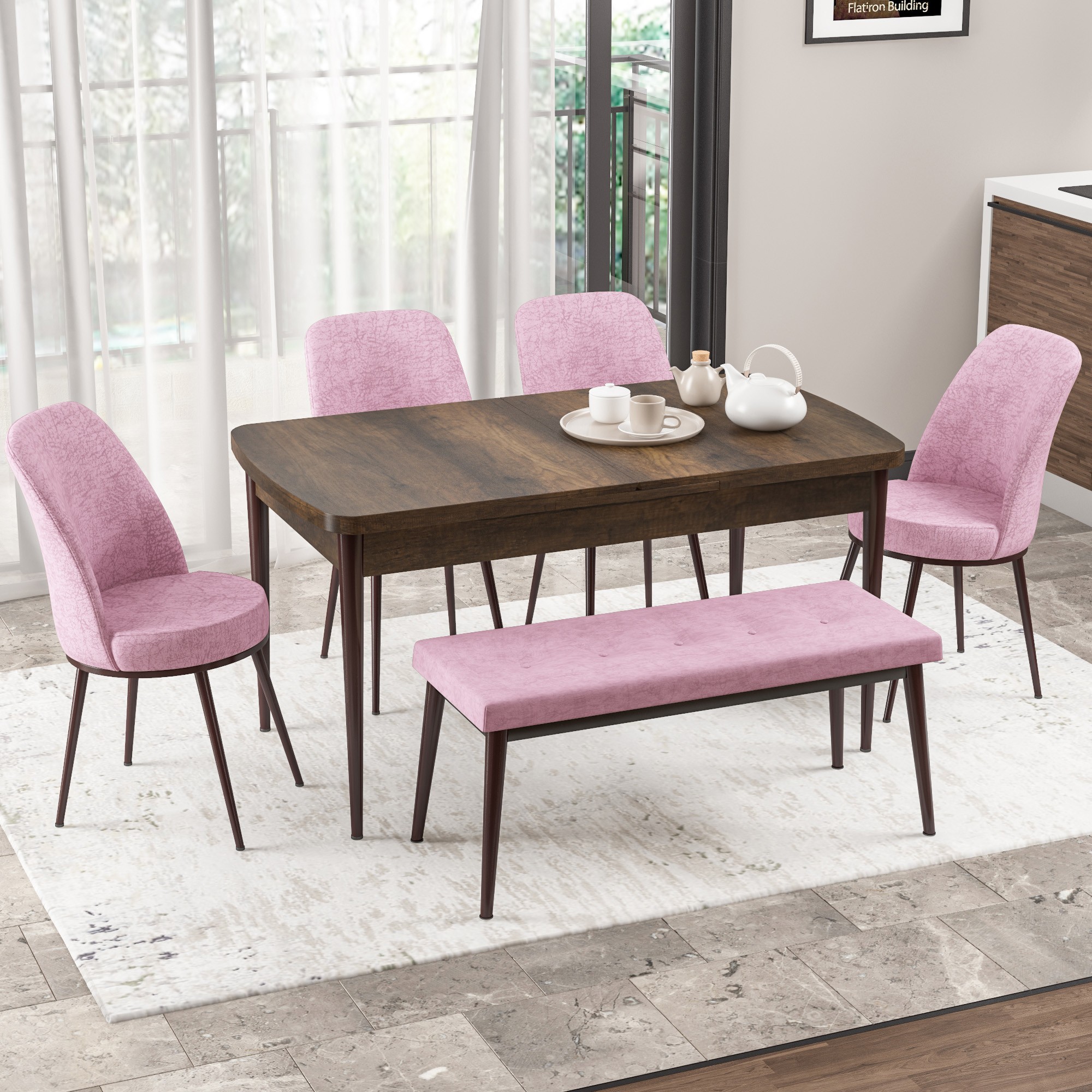 barok 4 pembe sandalye 1 pembe bench