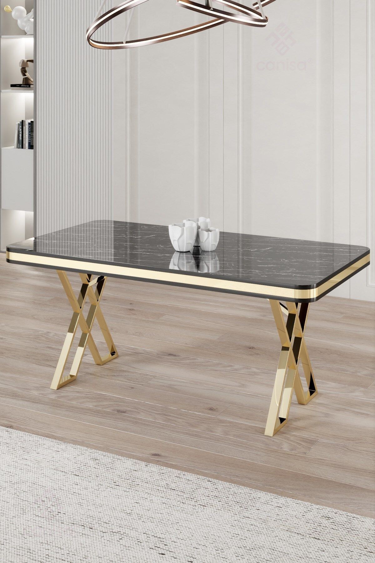 Rigel Serisi 80x130 Lak Panel Sabit Masa Siyah Mermer Desen Gold Ayaklı