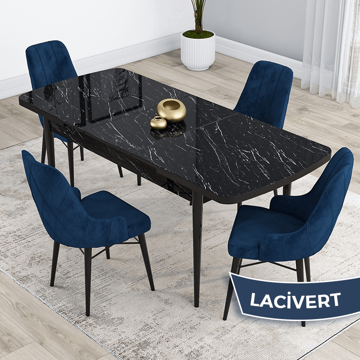 masa siyah mermer desen sandalye lacivert