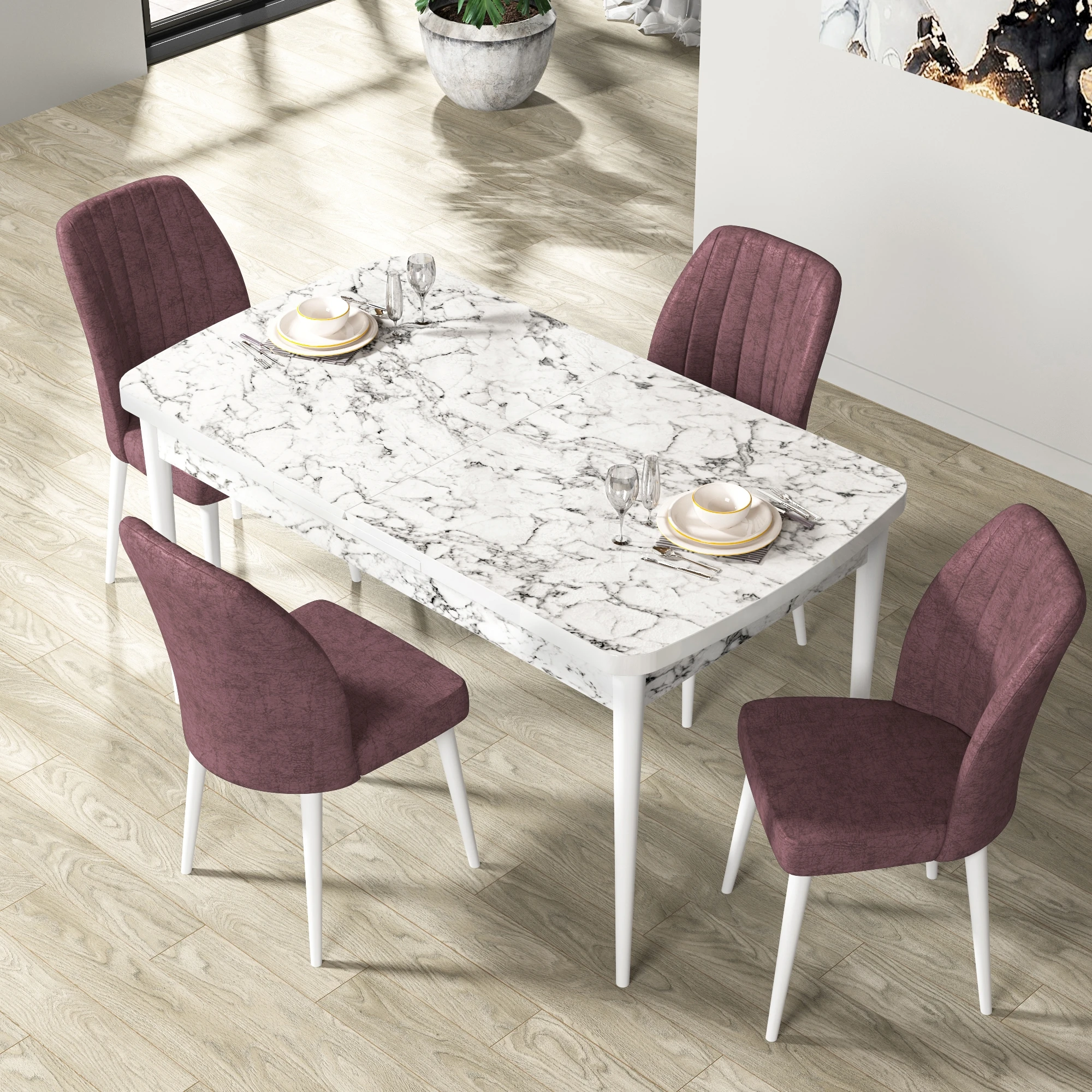 masa beyaz mermer sandalyeler gülkurusu