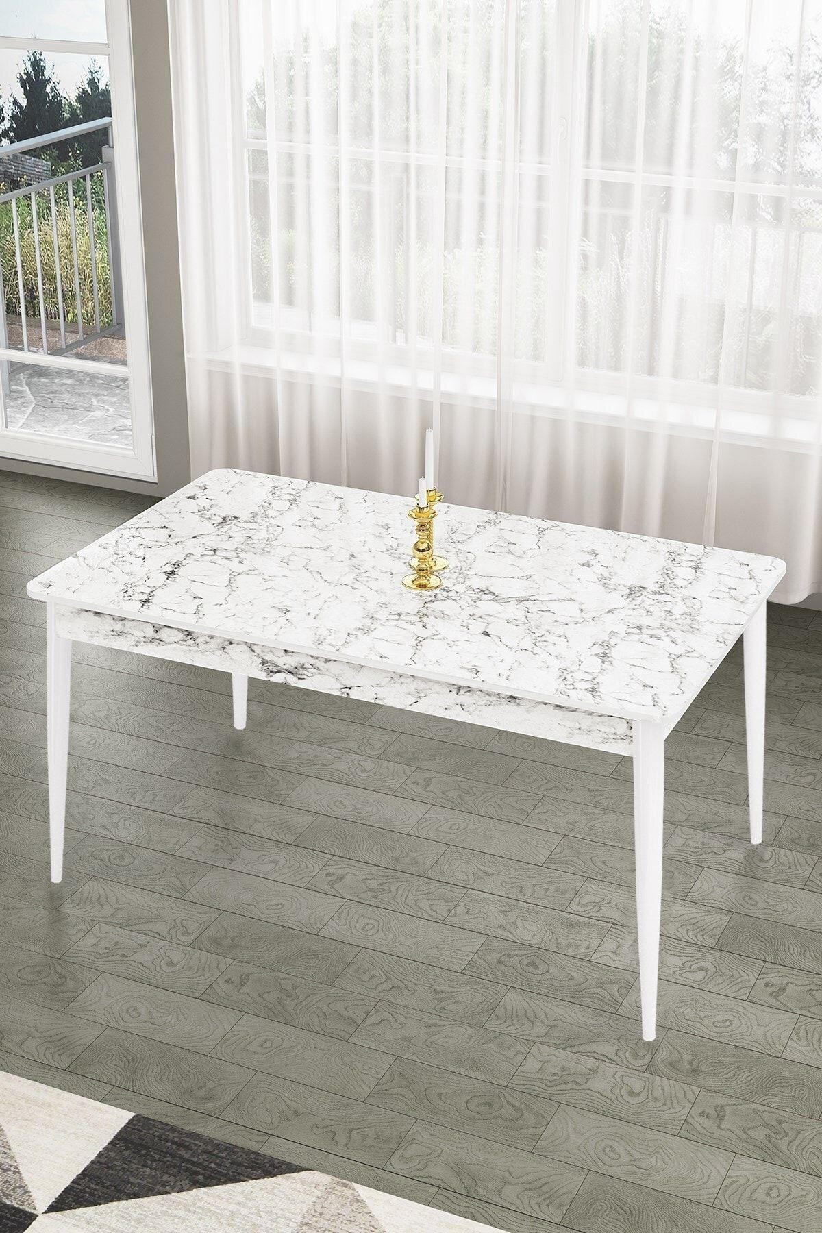 Pir Serisi 80x130 Sabit Beyaz Mermer Desen Masa Takımı 4 Sandalye Ve 1 Bench
