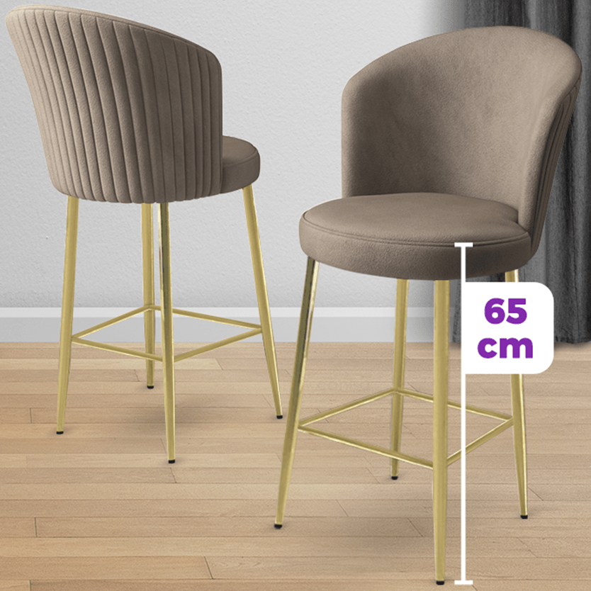 Alte Serisi 6 Adet Ada Bar Sandalyesi 65 cm Babyface Kumaş Gold Kaplama Ayak