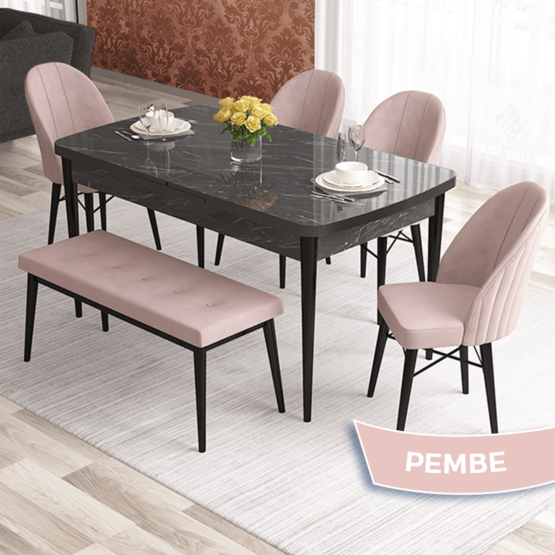 Pembe Sandalye Siyah Mermer Desen Masa