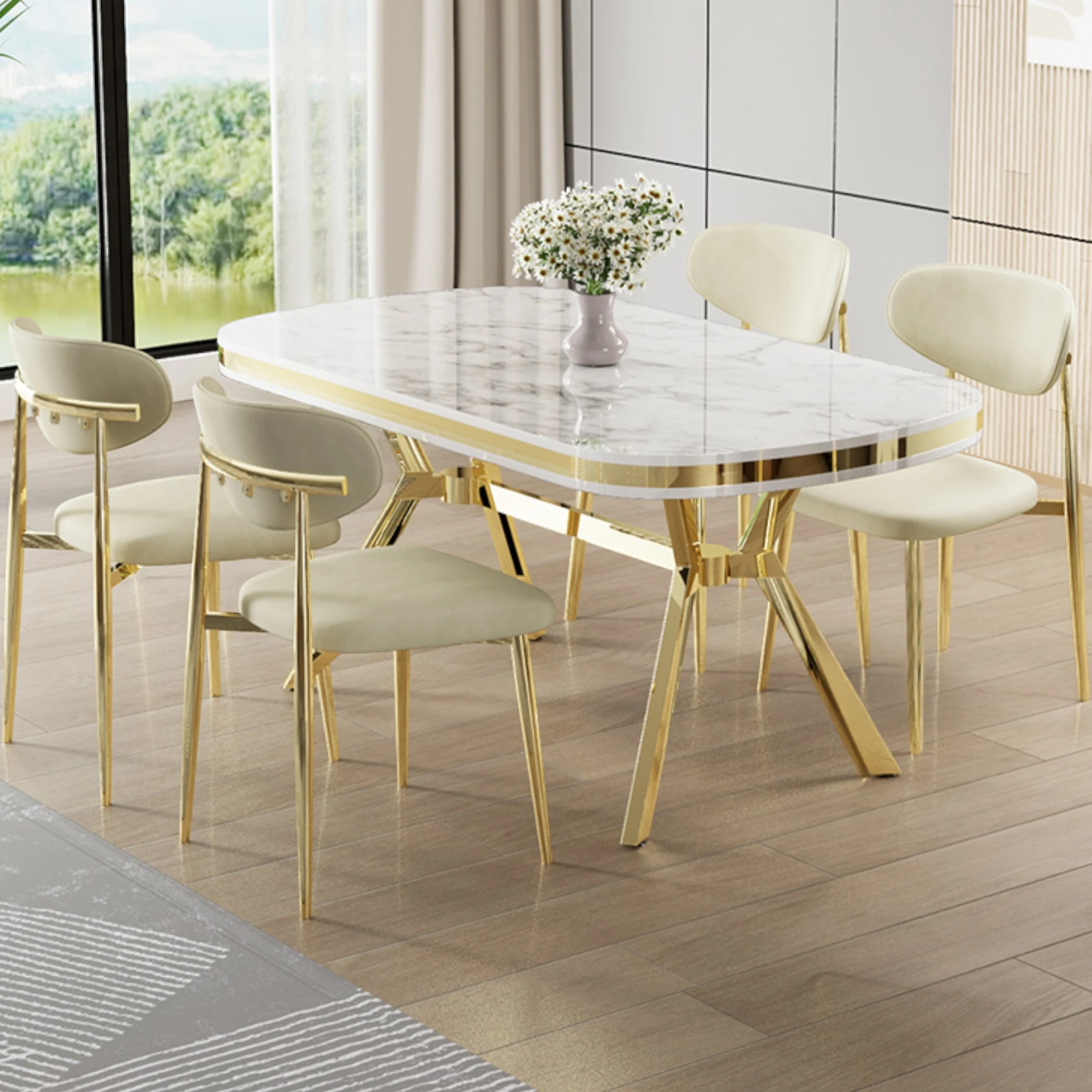 Olya Serisi 90x168 Lak Panel Beyaz Mermer Desen Masa Takımı Gold Ayaklı 4 Sandalye