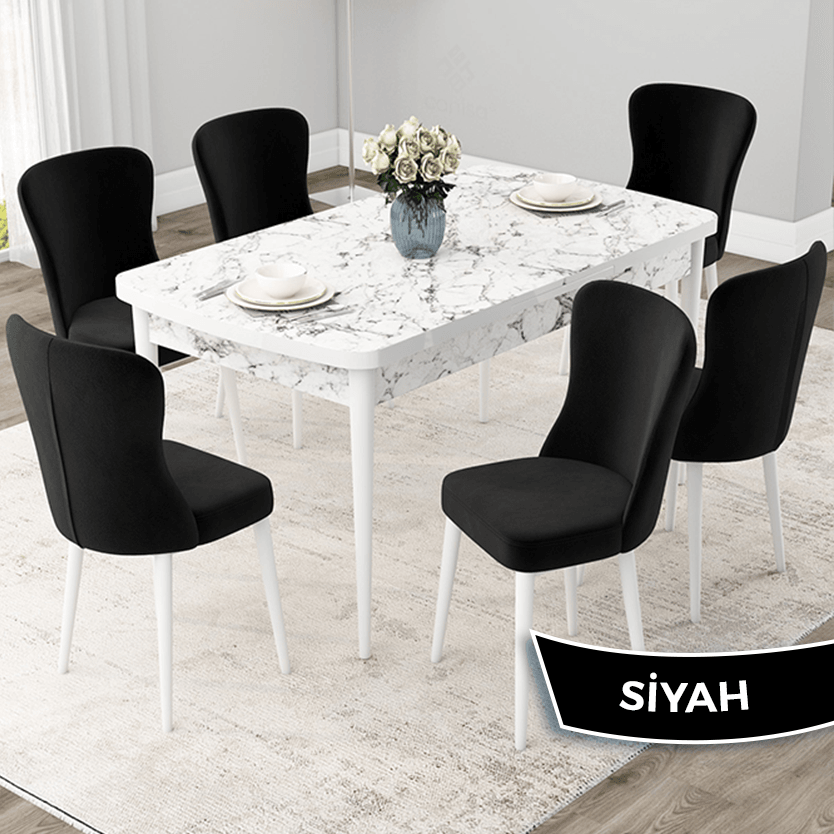 Beyaz Mermer Desen Masa Siyah Sandalye