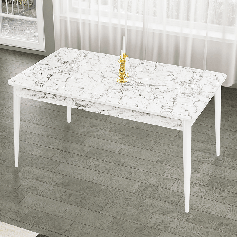Lav Serisi 80x130 Sabit Beyaz Mermer Desen Masa Takımı Ve 6 Sandalye