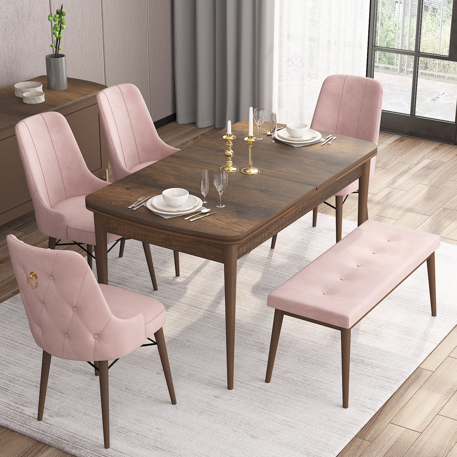 Barok Ahşap Desen Masa Pembe Sandalye