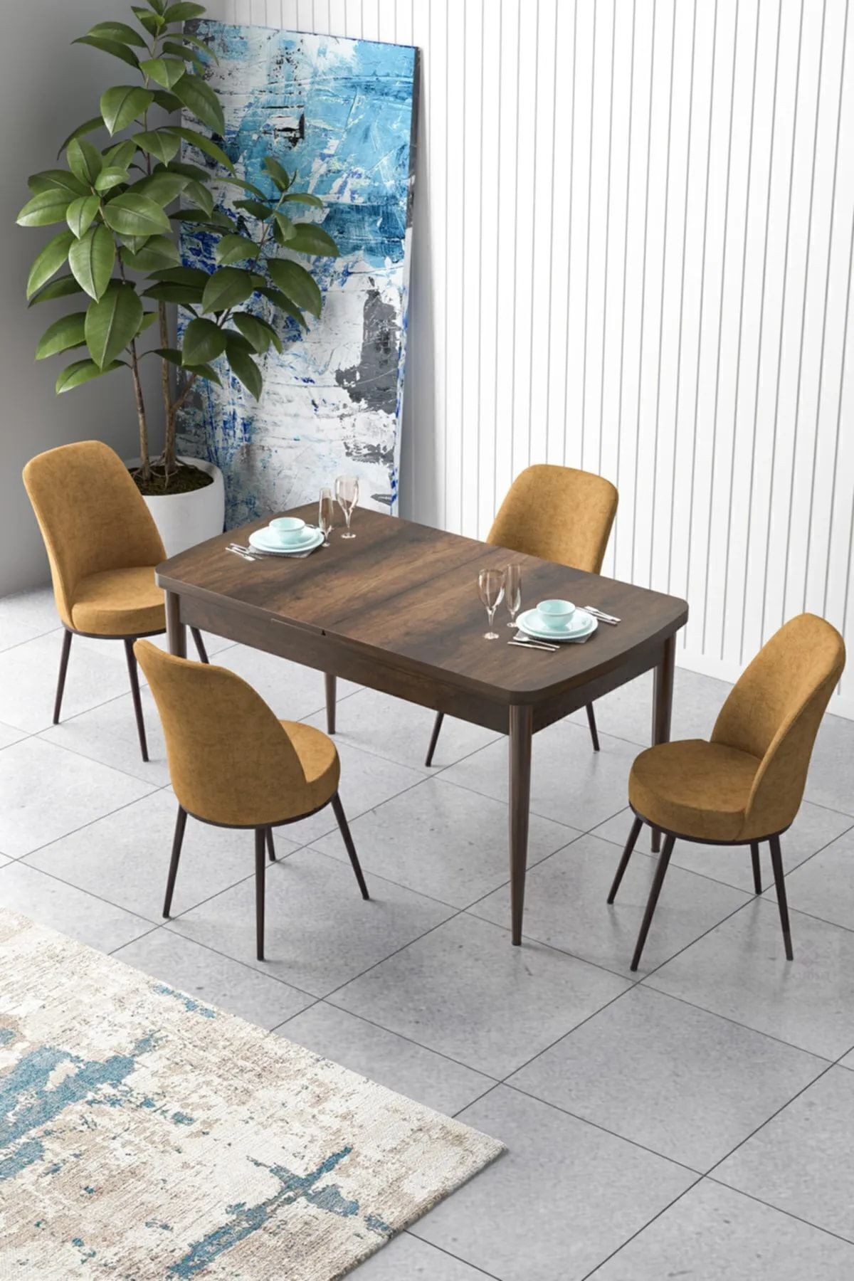 Zen Serisi 80x132 Mdf Açılabilir Barok Ahşap Desen Masa Takımı Ve 4 Sandalye