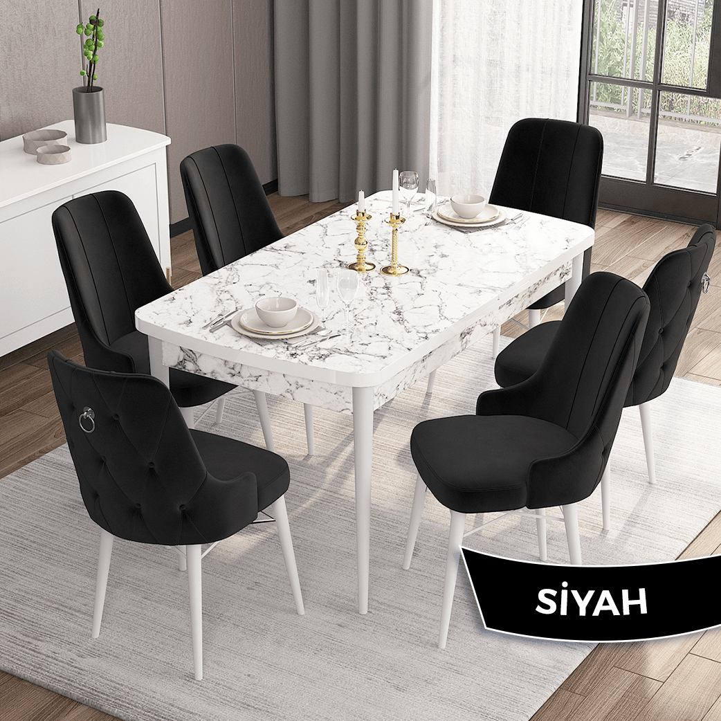 Si̇yah Sandalye Beyaz Mermer Desen Masa