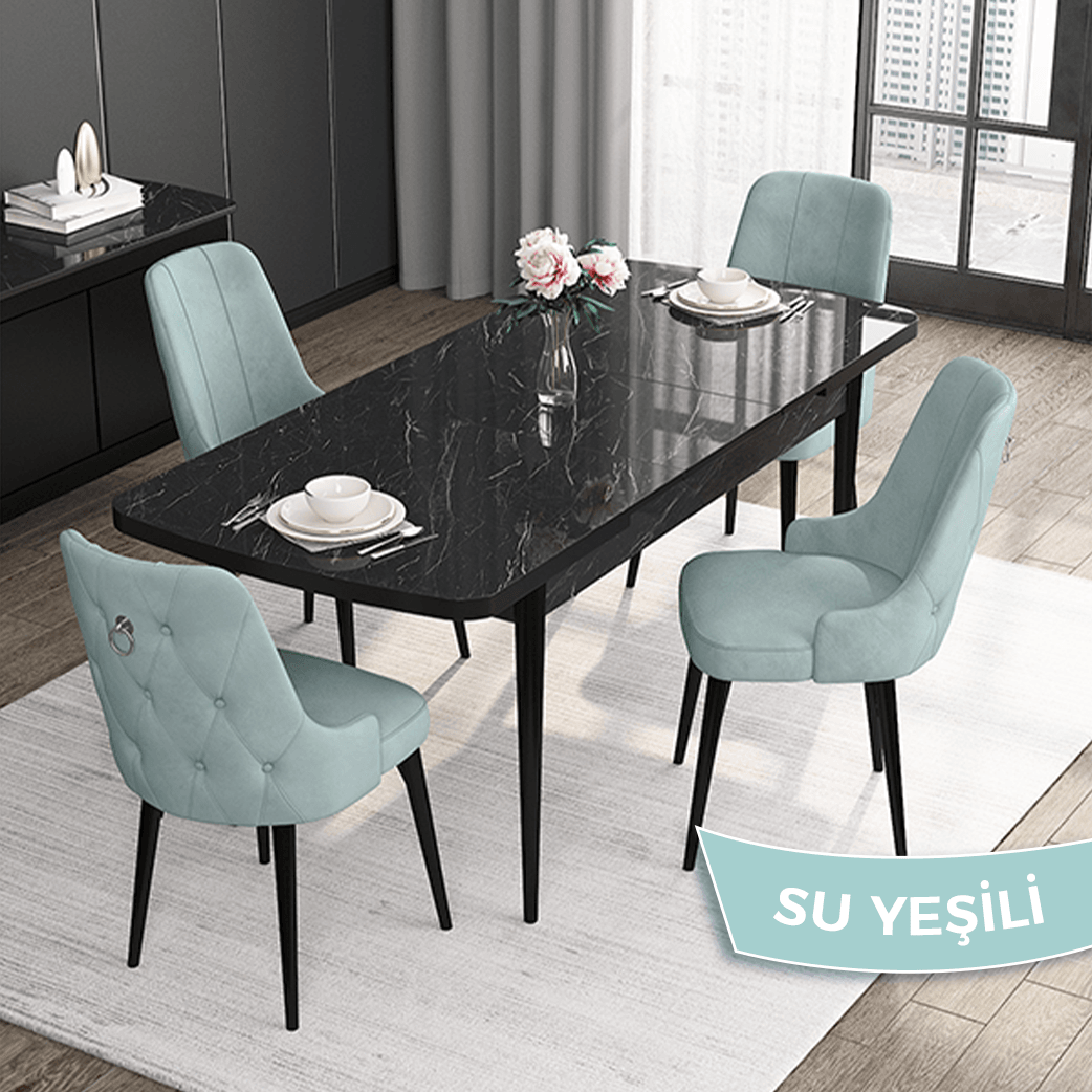 Noa Serisi 80x132 Mdf Açılabilir Gümüş Halka Siyah Mermer Desen Masa Takımı Ve 4 Sandalye