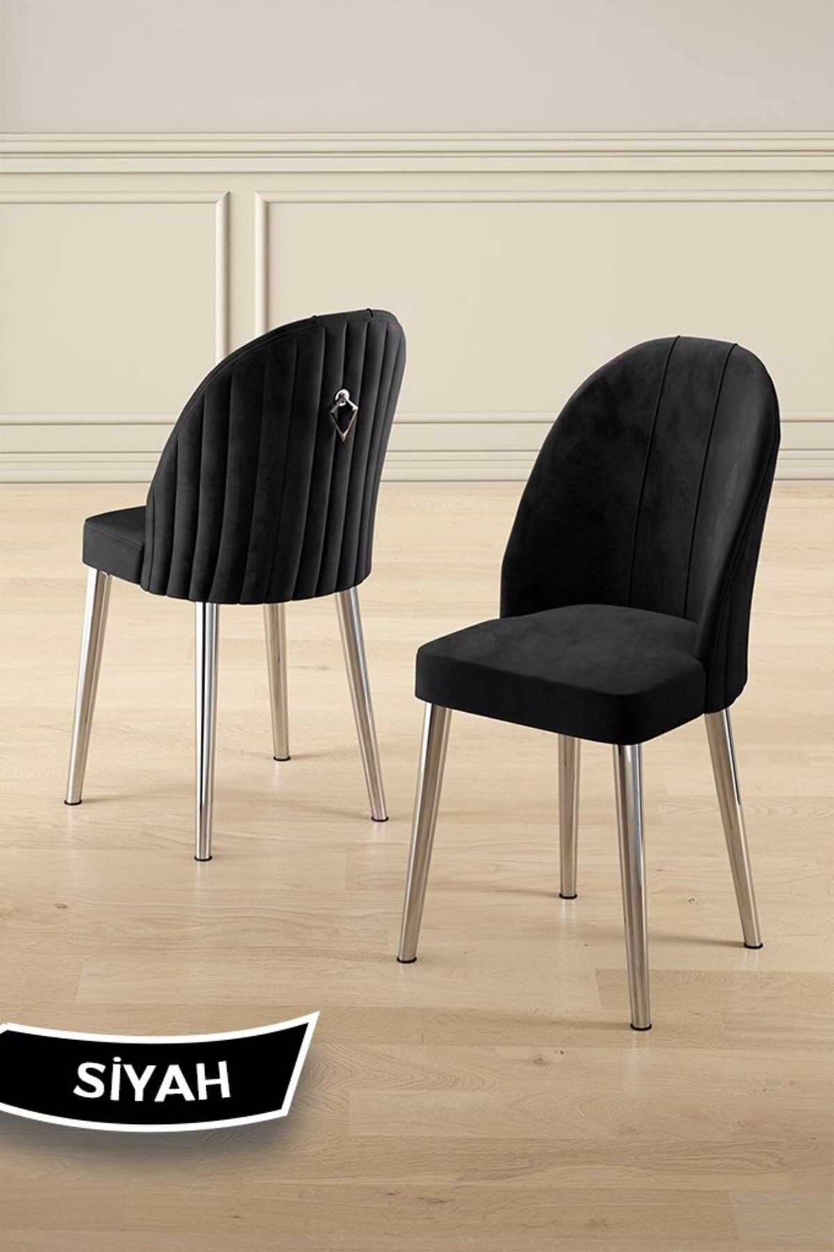 Pem Serisi 90x160 Lak Panel Beyaz Mermer Desen Krom Ayak Masa Takımı 6 Siyah Sandalye