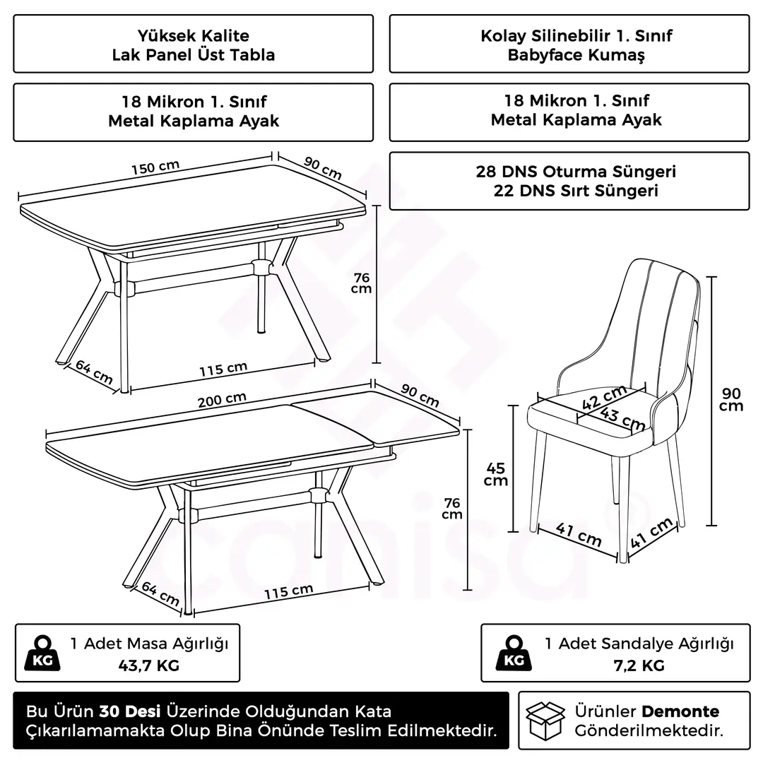 Nis Serisi 89x150 Açılabilir Lak Panel Antrasit İroni Masa ve 6