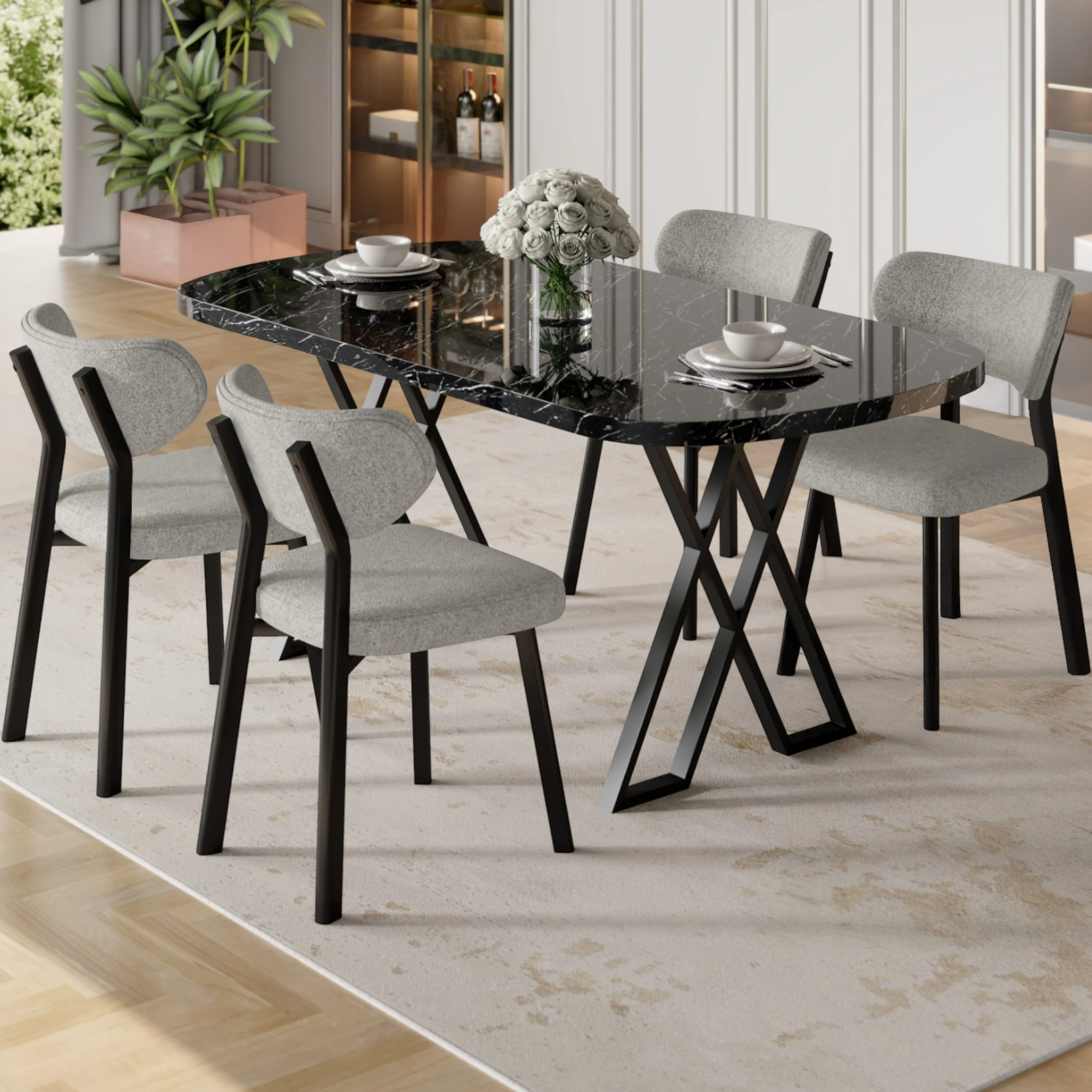 Gri Sandalye Siyah Mermer Desen Masa