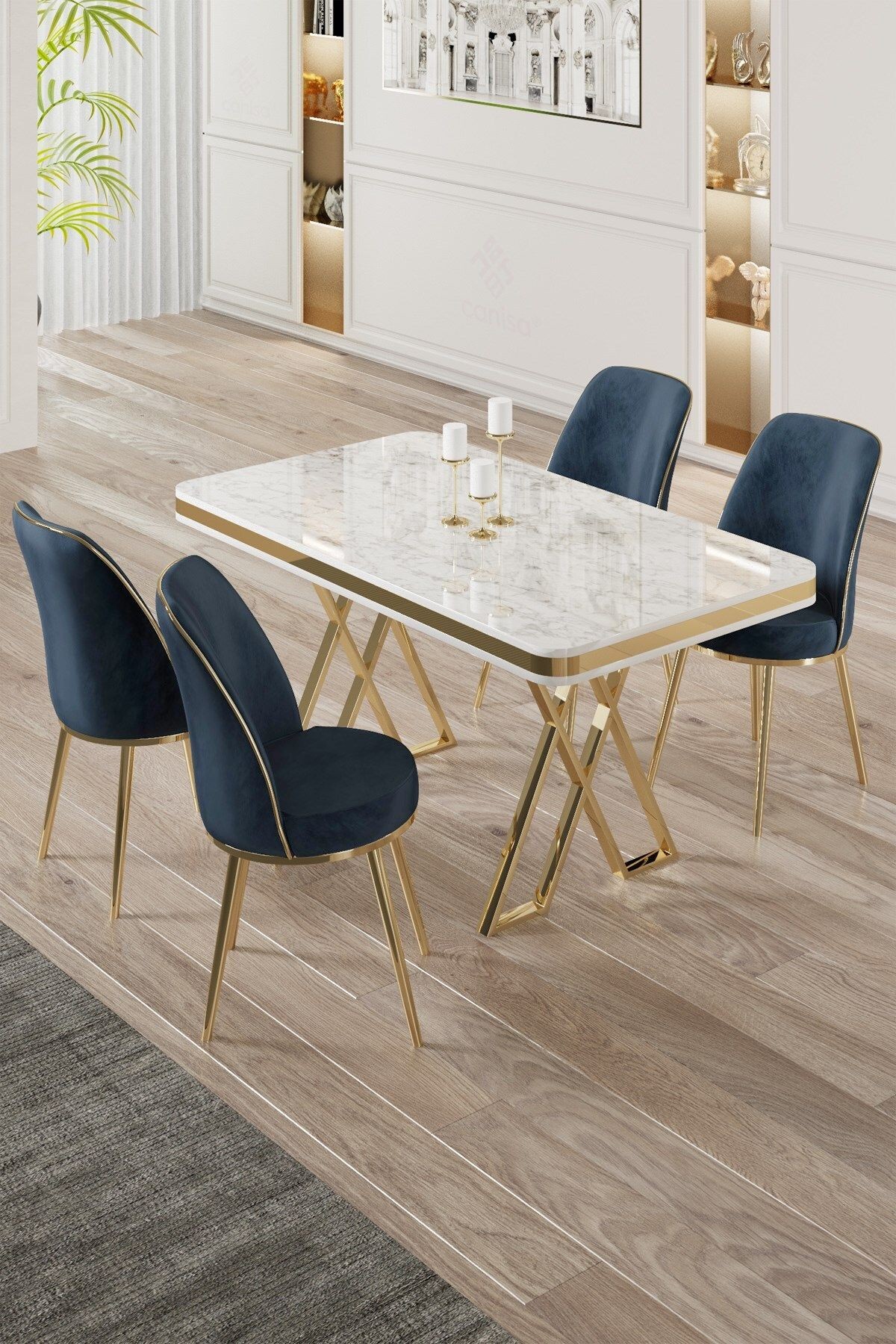 Vals Serisi 80x130 Lak Panel Beyaz Mermer Desen Masa ve 4 Sandalye Gold Kaplama Ayak