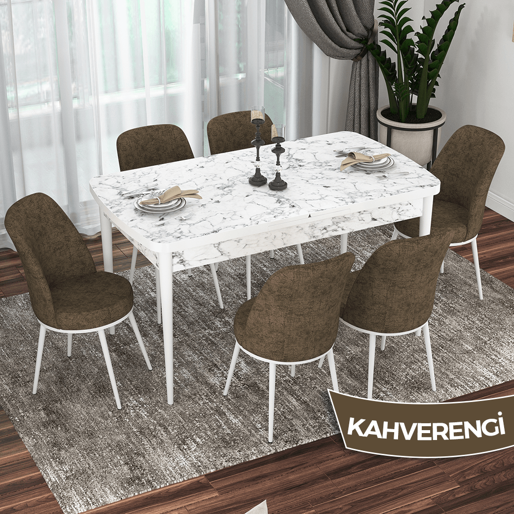 Kor Serisi 70x114 Beyaz Mermer Desen Mutfak Masası Takımı ve 6 Sandalye