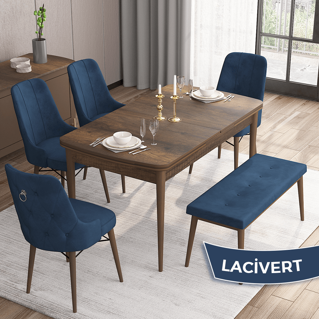 Lacivert Sandalye Barok Ahşap Desen Masa