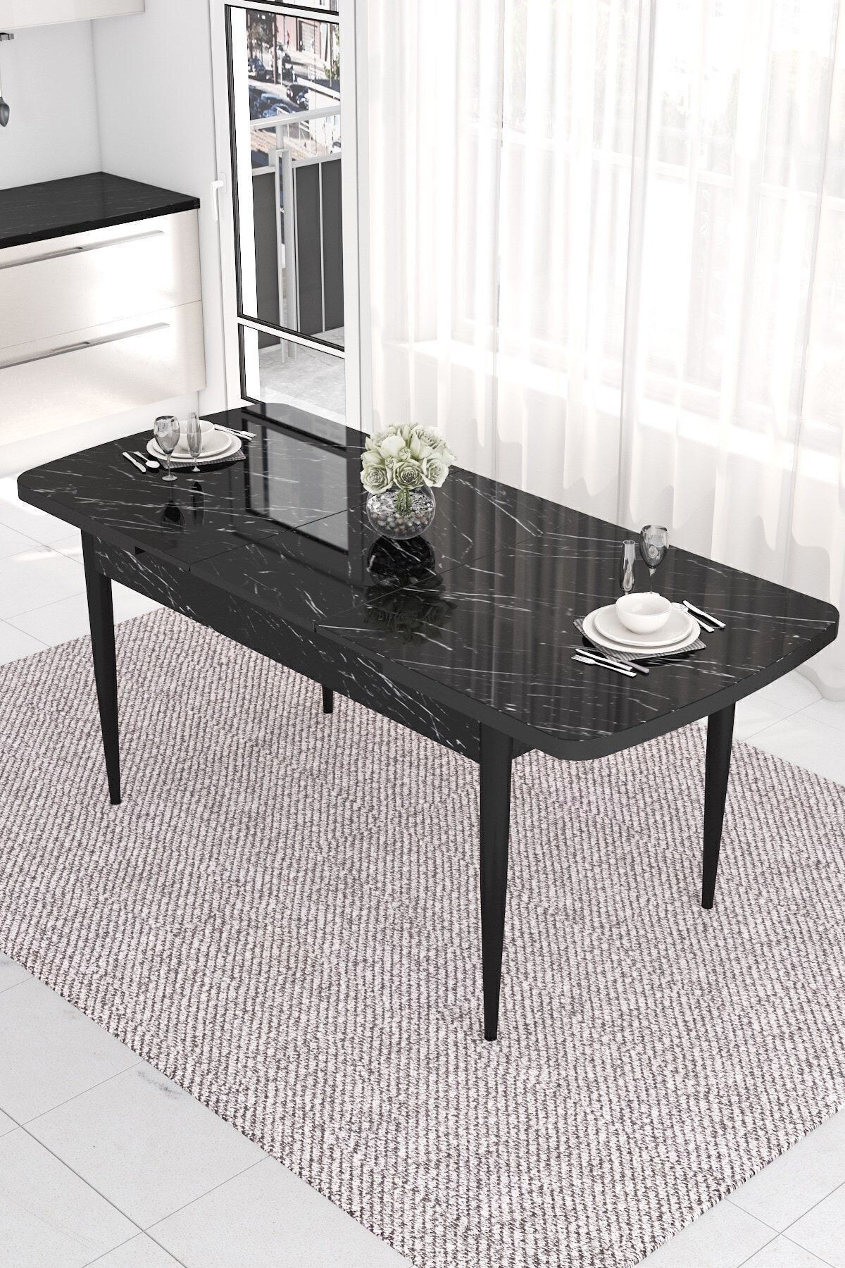 Eva Serisi 80x132 Açılabilir Mdf Siyah Mermer Desen Masa Takımı 4 Sandalye Ve 1 Bench
