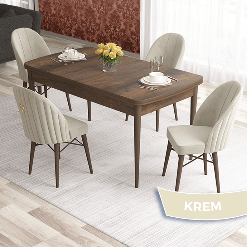 Elf Serisi 80x132 Açılabilir Barok Ahşap Desen Masa Takımı ve 4 Sandalye