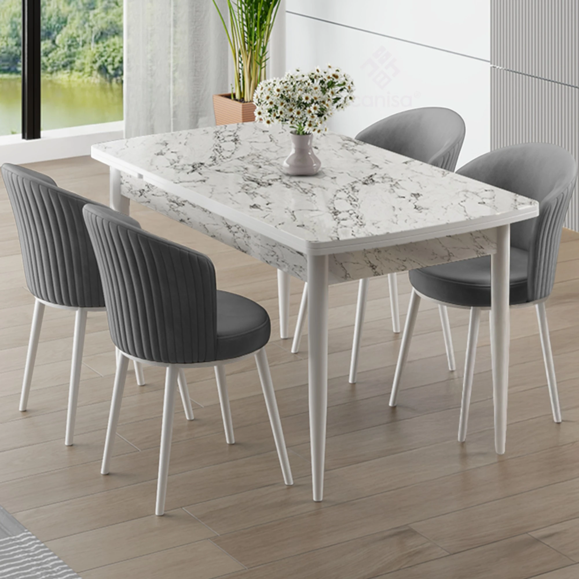 Beyaz Mermer Desen Masa Gri Sandalye