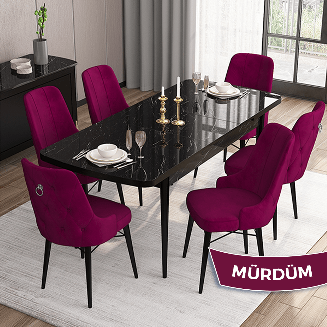 Mürdüm Sandalye Siyah Mermer Desen Masa