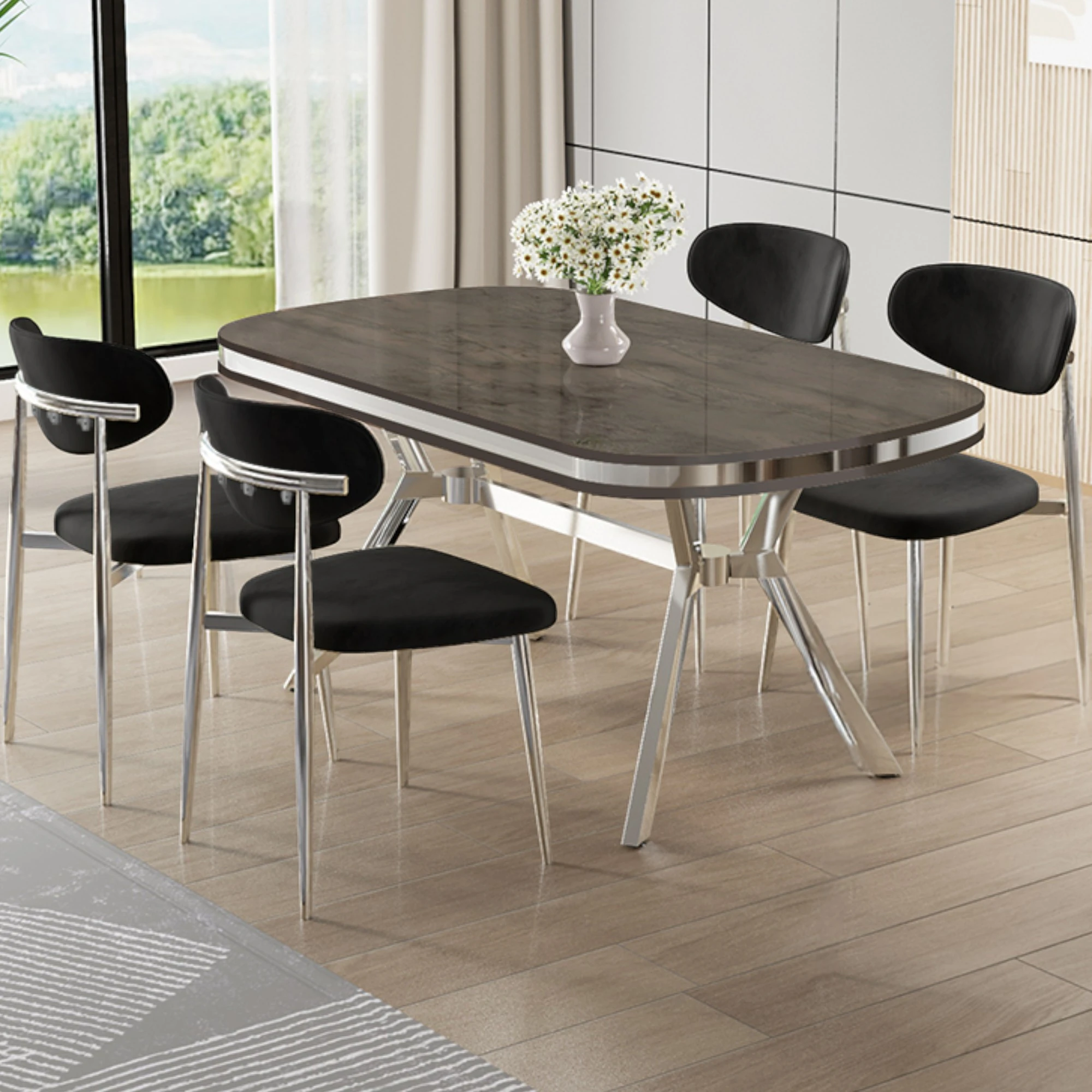 Olya Serisi 90x168 MDF Sabit Lak Panel Antrasit İroni Masa Takımı Krom Ayaklı 4 Sandalye