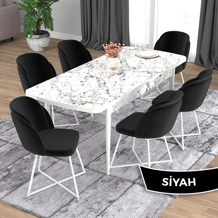 beyaz mermer desen masa sandalye siyah