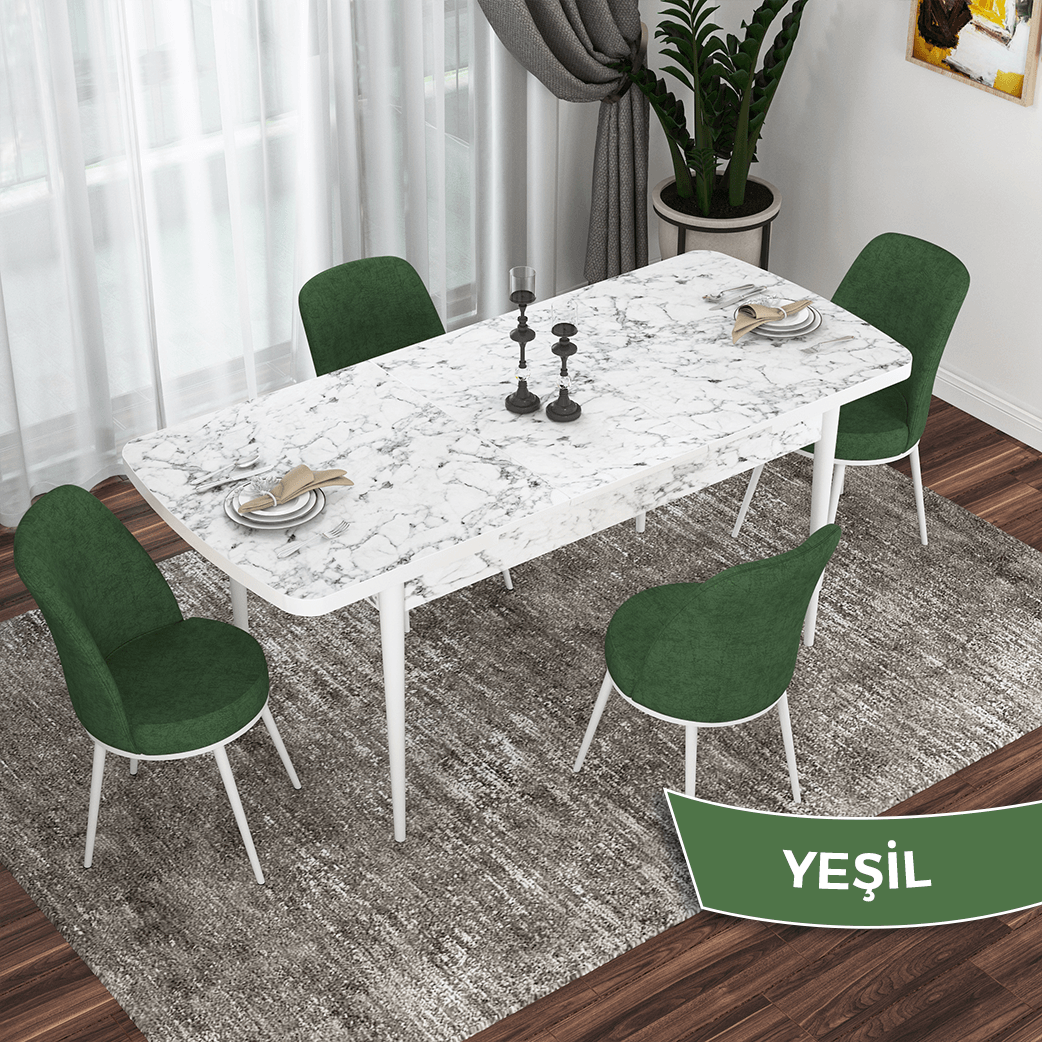 masa beyaz mermer desen sandalye haki yeşil