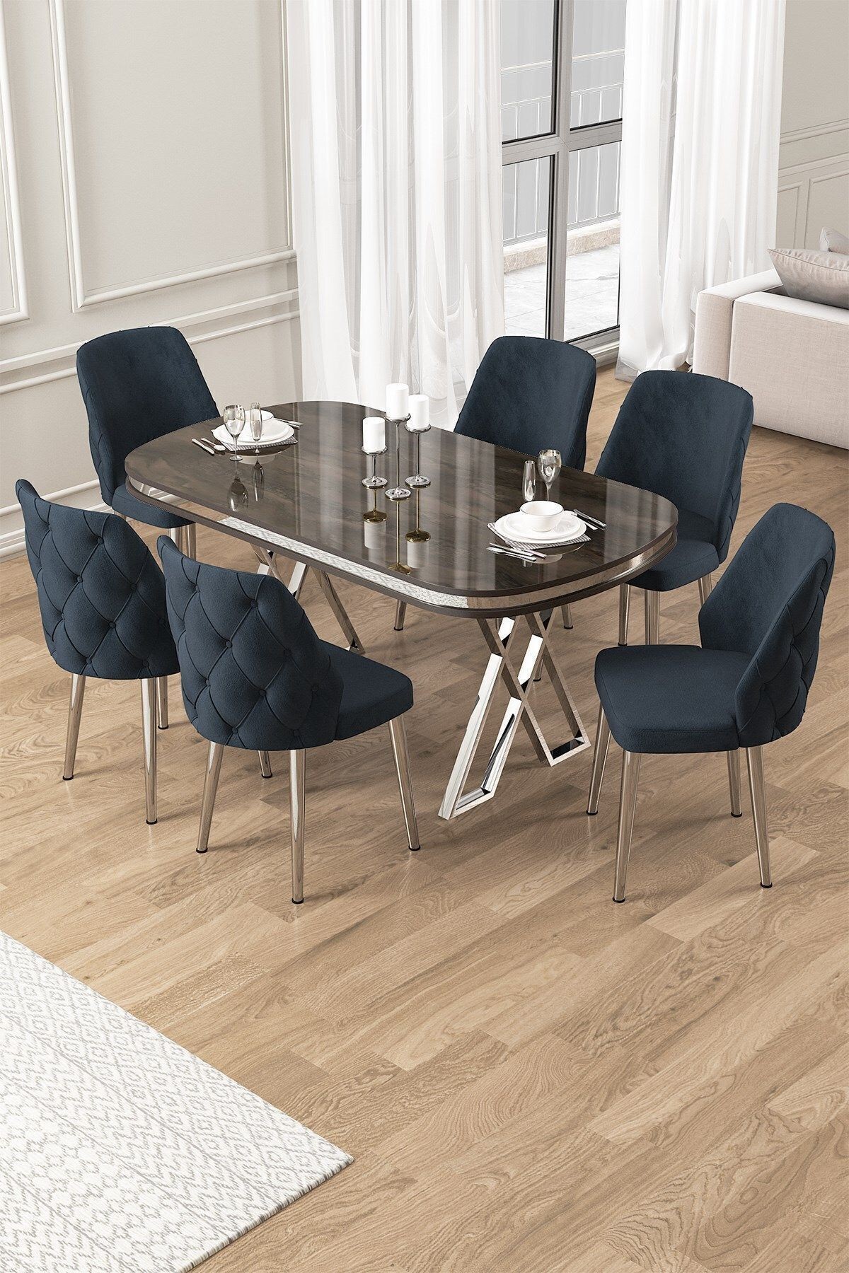 Afe Serisi 90x168 Lak Panel Antrasit İroni Masa ve 6 Sandalye Krom Kaplama Ayak