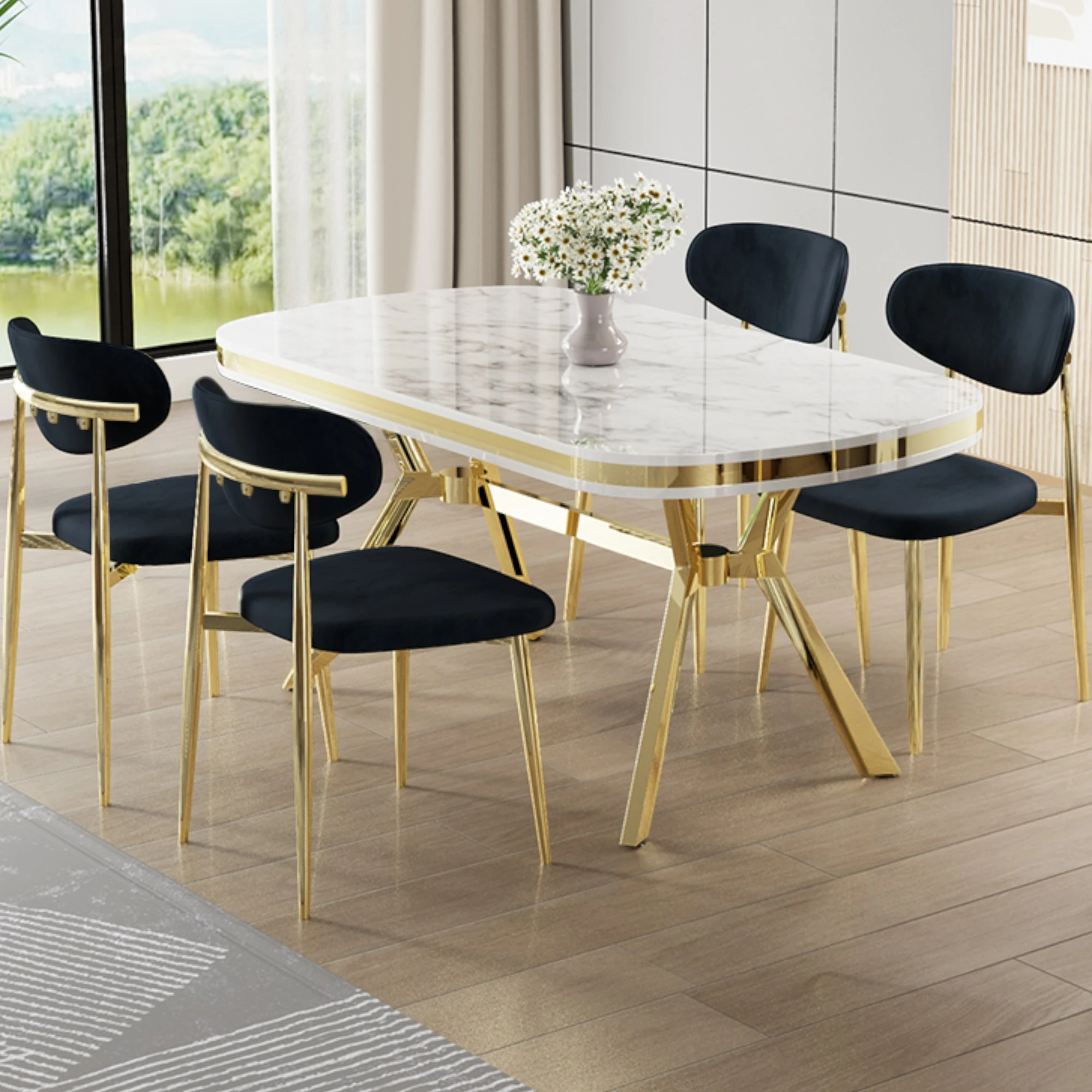 Beyaz Mermer Desen Masa Antrasit Sandalye Gold Ayak