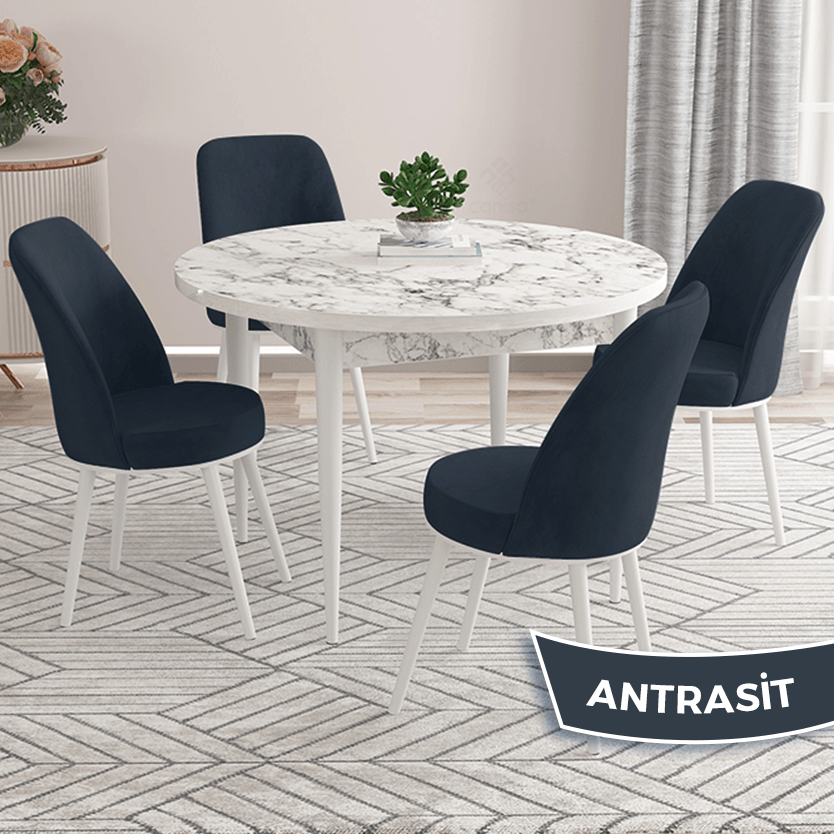 Kea Serisi 90x90 Yuvarlak Sabit Beyaz Mermer Desen Masa Takımı Ve 4 Sandalye