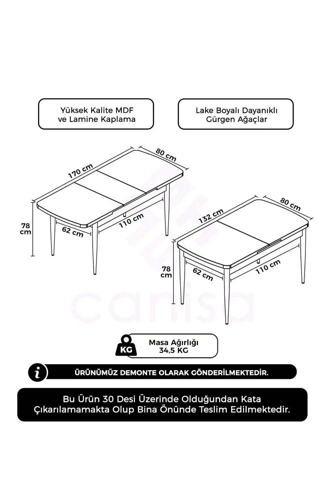Krem 80x132 Açılabilir MDF Yemek Masası Ceviz Ahşap Ayak