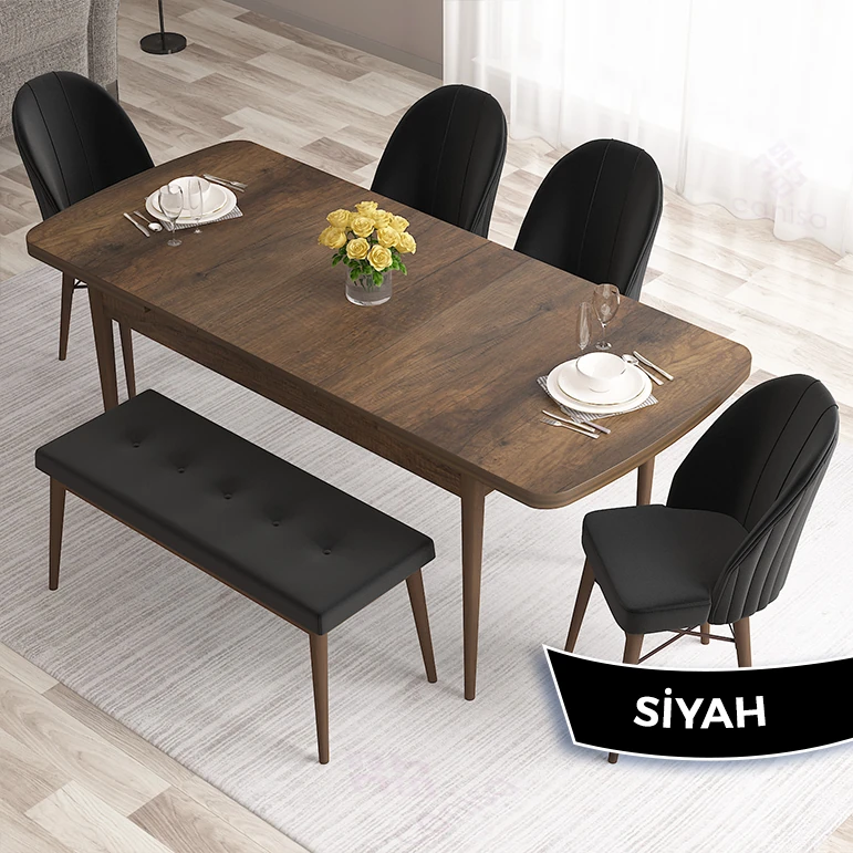 barok ahşap desen masa siyah sandalye