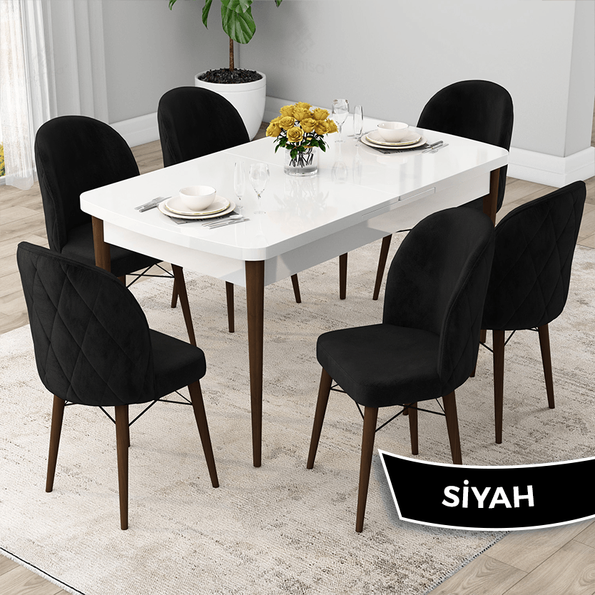 Rut Serisi 80x132 Açılabilir Beyaz Masa Ceviz Ayak Masa Takımı Ve 6 Sandalye