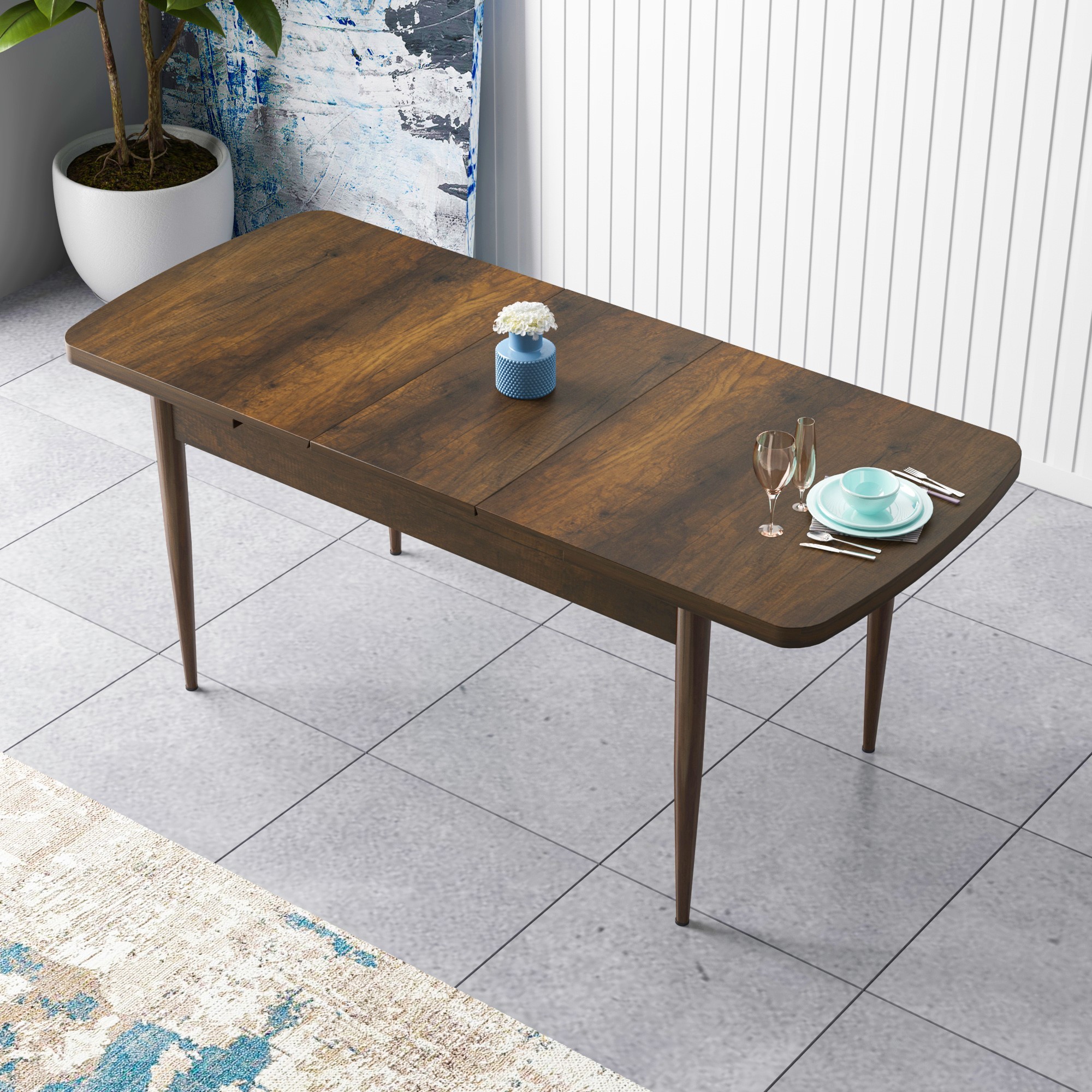 Zen Serisi 80x132 Mdf Açılabilir Barok Ahşap Desen Masa Takımı Ve 4 Sandalye