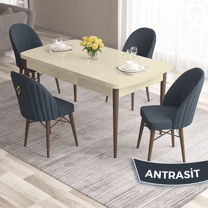 Roz Serisi 80x132 Mdf Açılabilir Gold Halka Krem Masa Ceviz Ayak Masa Takımı Ve 4 Sandalye