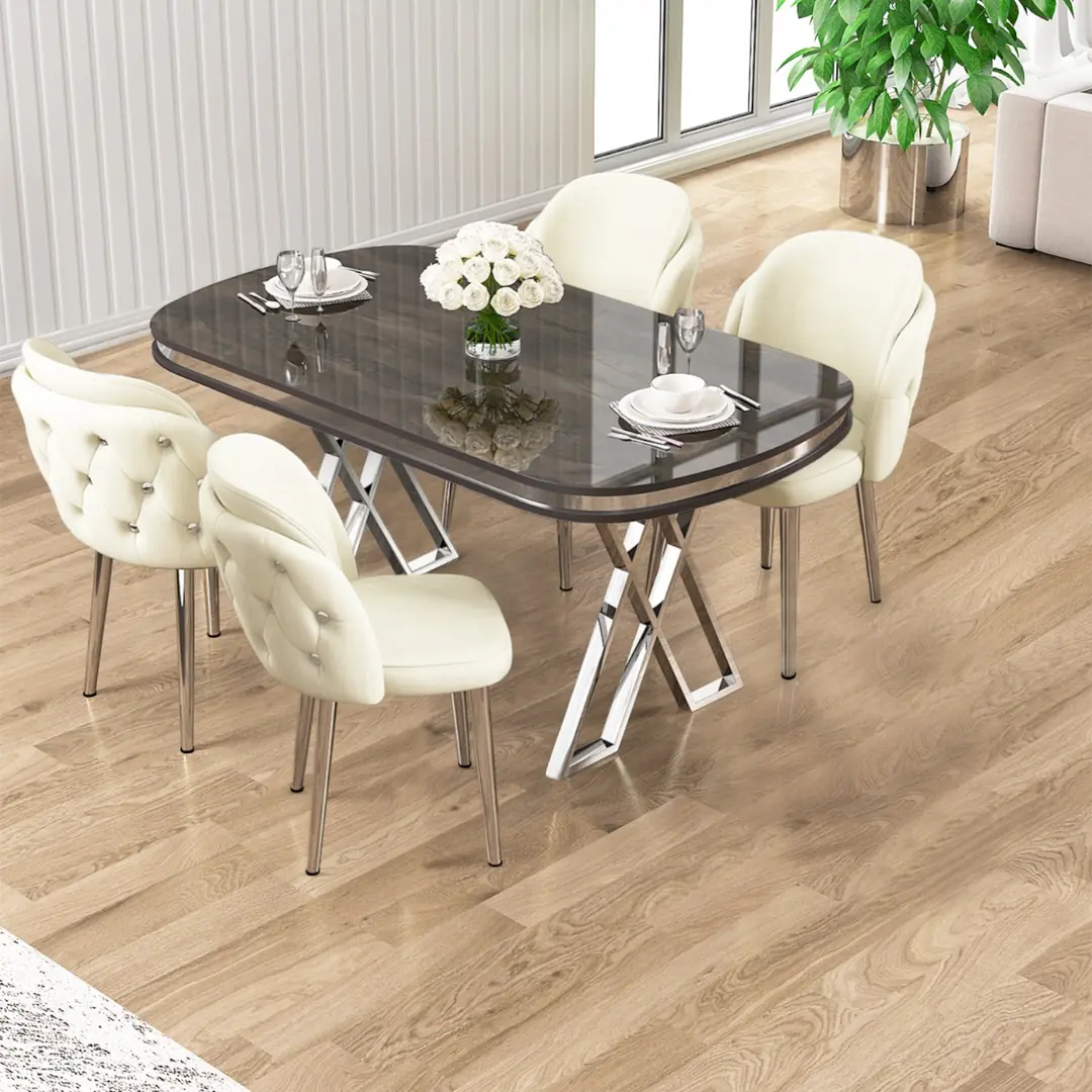 Zae Serisi 90x168 Lak Panel Antrasit Ironi Krom Ayak Masa Takımı 4
