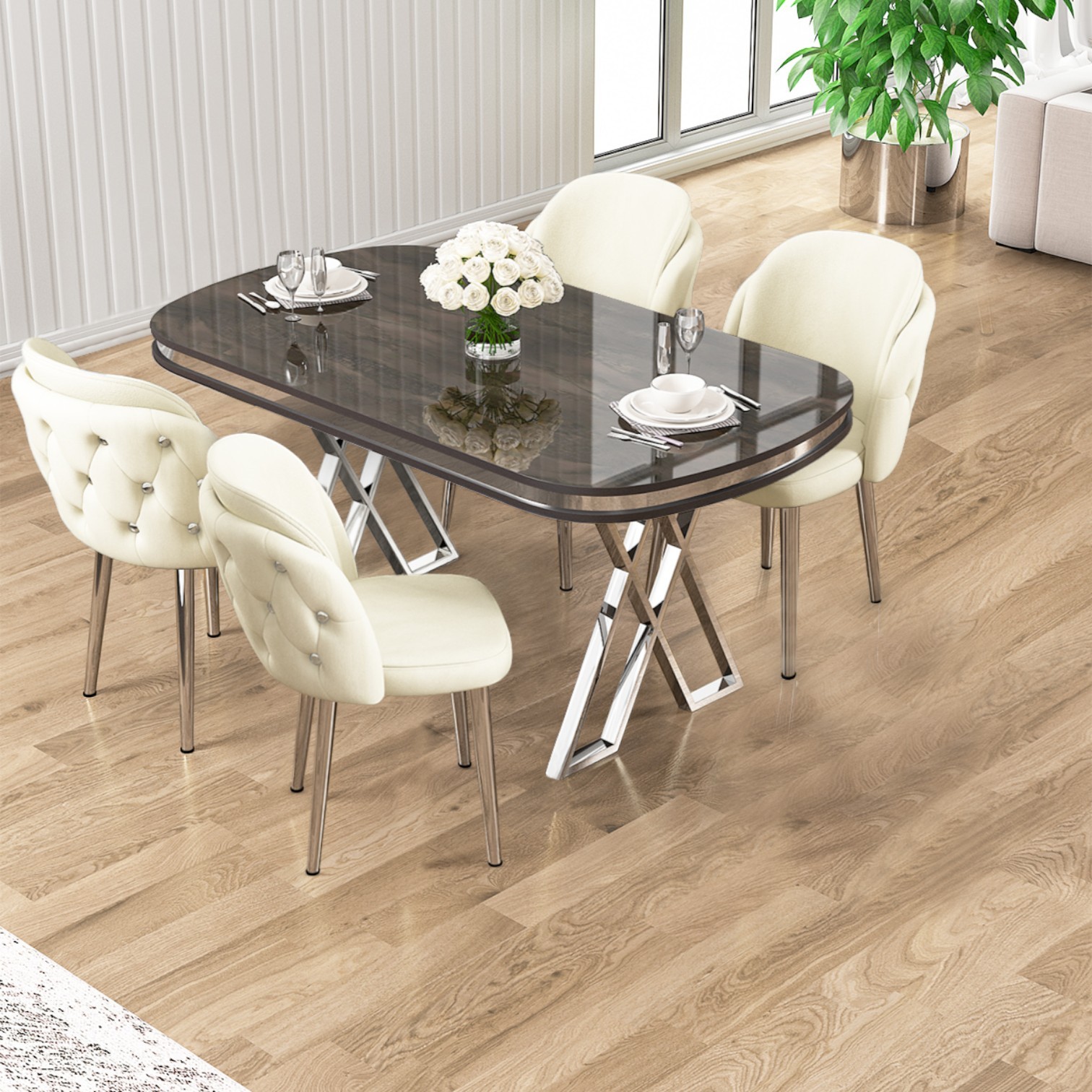  Zae Serisi 90x168 Lak Panel Antrasit Ironi Krom Ayak Masa Takımı 4 Sandalye