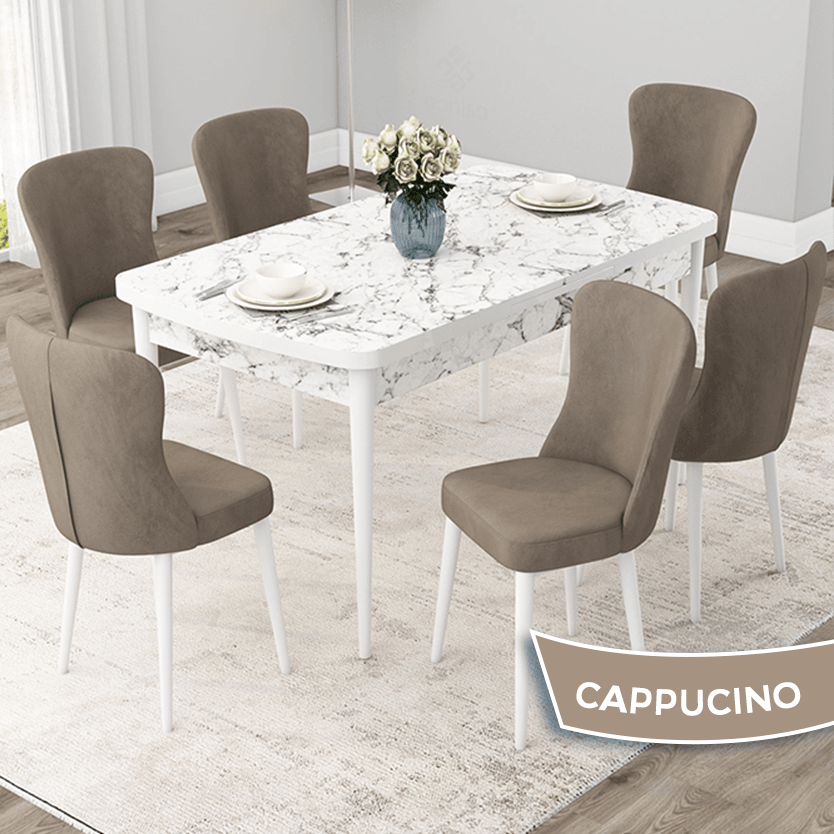 Due Serisi 80x132 Açılabilir Beyaz Mermer Desen Masa Takımı Ve 6 Sandalye
