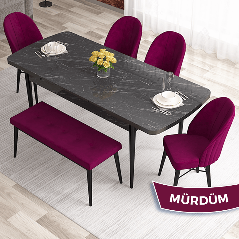 Mürdüm Sandalye Siyah Mermer Desen Masa