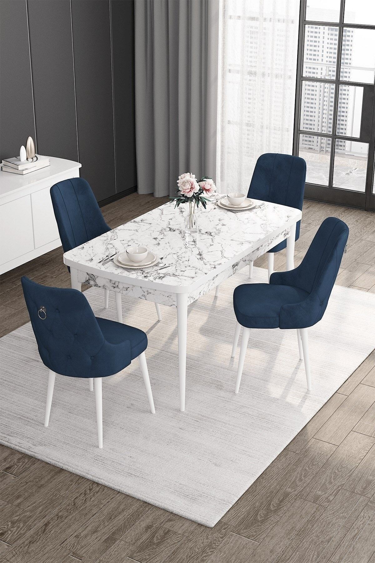 Noa Serisi 80x132 Mdf Açılabilir Gümüş Halka Beyaz Mermer Desen Masa Takımı Ve 4 Sandalye