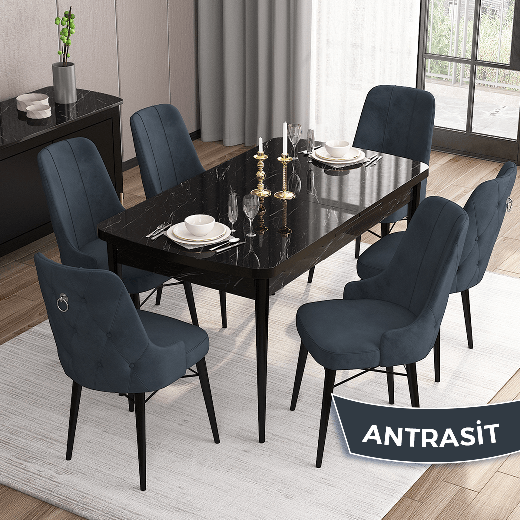 Antrasit Sandalye Siyah Mermer Desen Masa