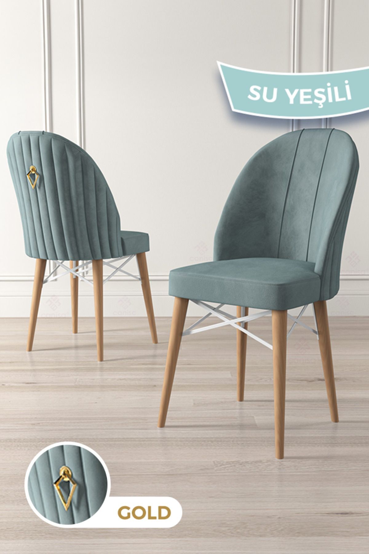 Roz Serisi 80x132 Mdf Açılabilir Gold Halka Beyaz Masa Doğal Ahşap Ayak Masa Takımı Ve 6 Sandalye