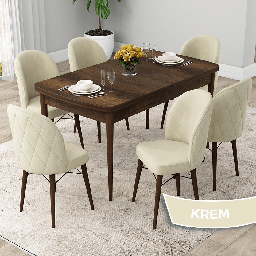 Rut Serisi 80x132 Açılabilir Barok Ahşap Desen Masa Takımı Ve 6 Sandalye