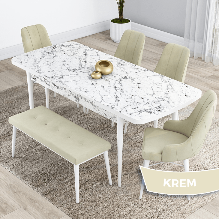 Kar Serisi 80X132 Mdf Açılabilir Beyaz Mermer Desen Masa Takımı 4 Sandalye Ve 1 Bench