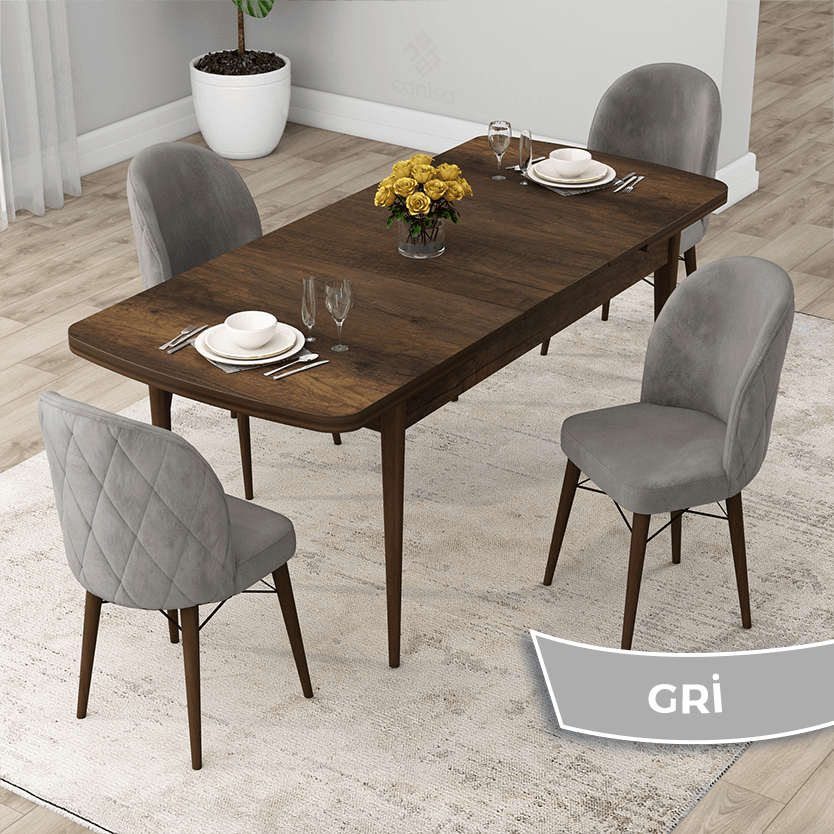 Rut Serisi 80x132 Açılabilir Barok Ahşap Desen Masa Takımı Ve 4 Sandalye