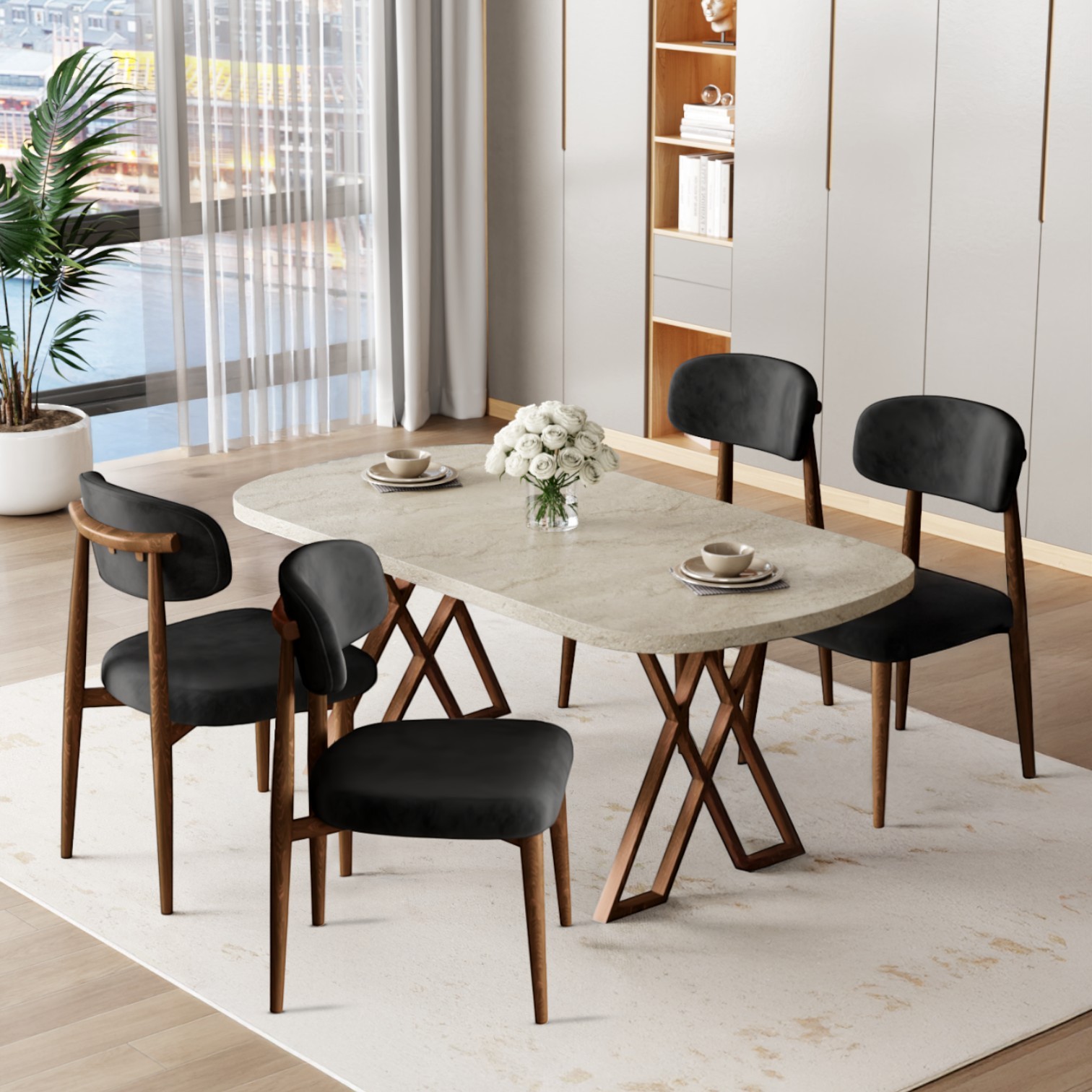 Jolin Serisi Mdf 90x168 Traverten Masa Takımı 4 Ahşap Kaplama Metal Sandalye