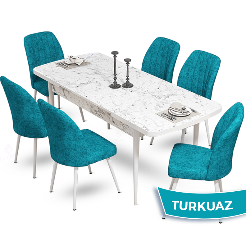 Mun Serisi 80x132 Açılabilir Mdf Beyaz Mermer Desen Masa Takımı Ve 6 Sandalye
