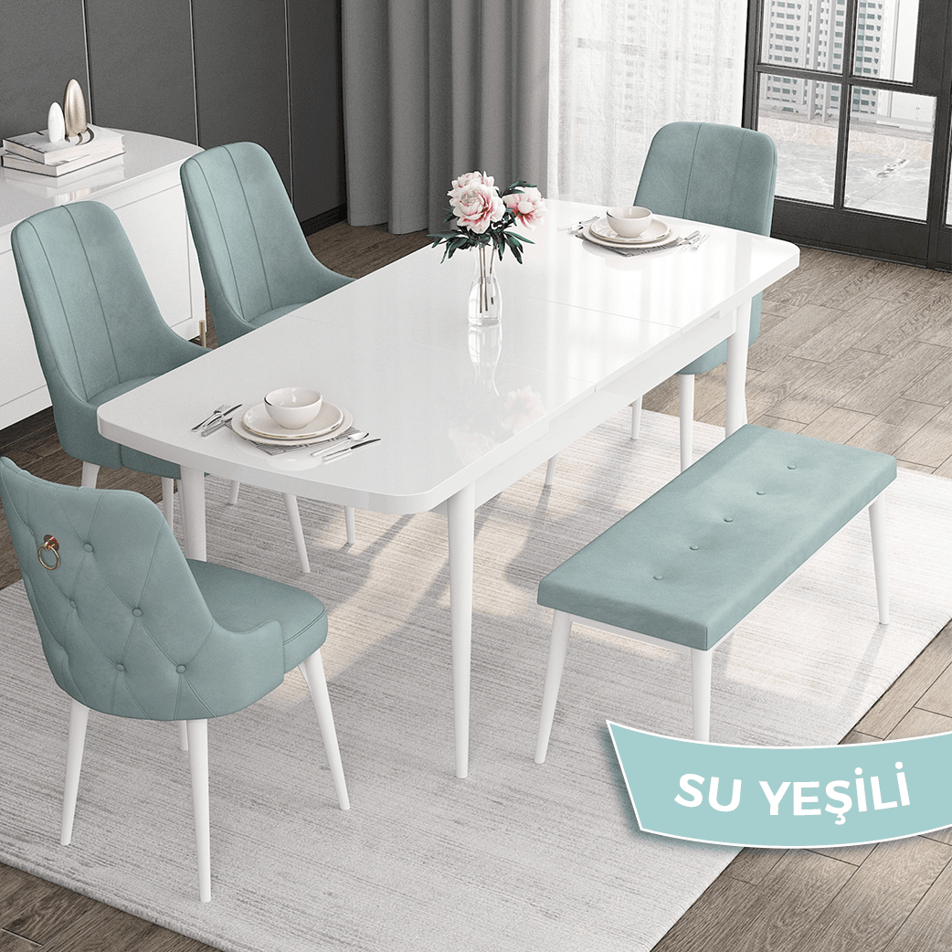 Noa Serisi 80x132 Mdf Açılabilir Gold Halka Beyaz Masa Takımı 4 Sandalye Ve 1 Bench