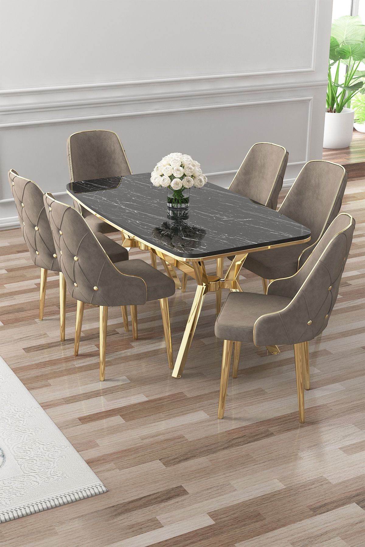 Asel Serisi 90x160 Lak Panel Sonata Masa ve 6 Sandalye Gold Kaplama Ayak